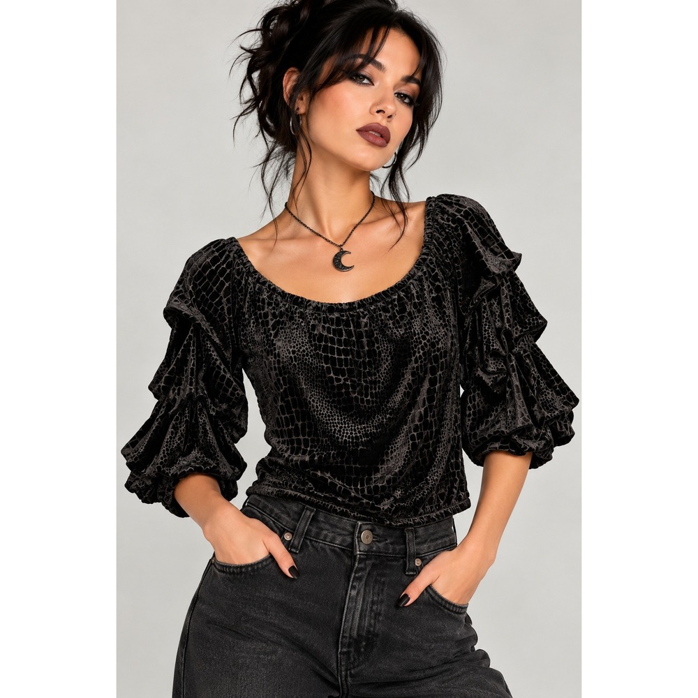 Goth Whimsigoth Express Black Velvet Ruffle Sleeve Top Small Dark Romantic C47